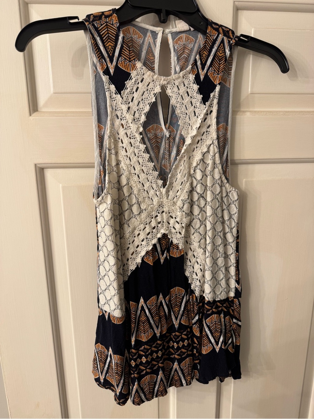 Melrose and Market Navy, White & Tan Crochet-Accent Sleeveless Blouse